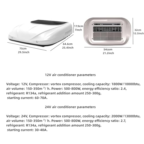 12V RV Air Conditioner, ultra-thin and low-noise 12V DC power supply roof air conditioner suitable for trucks, vans, construction vehicles, excavators, bus, trailers, rv ac units
