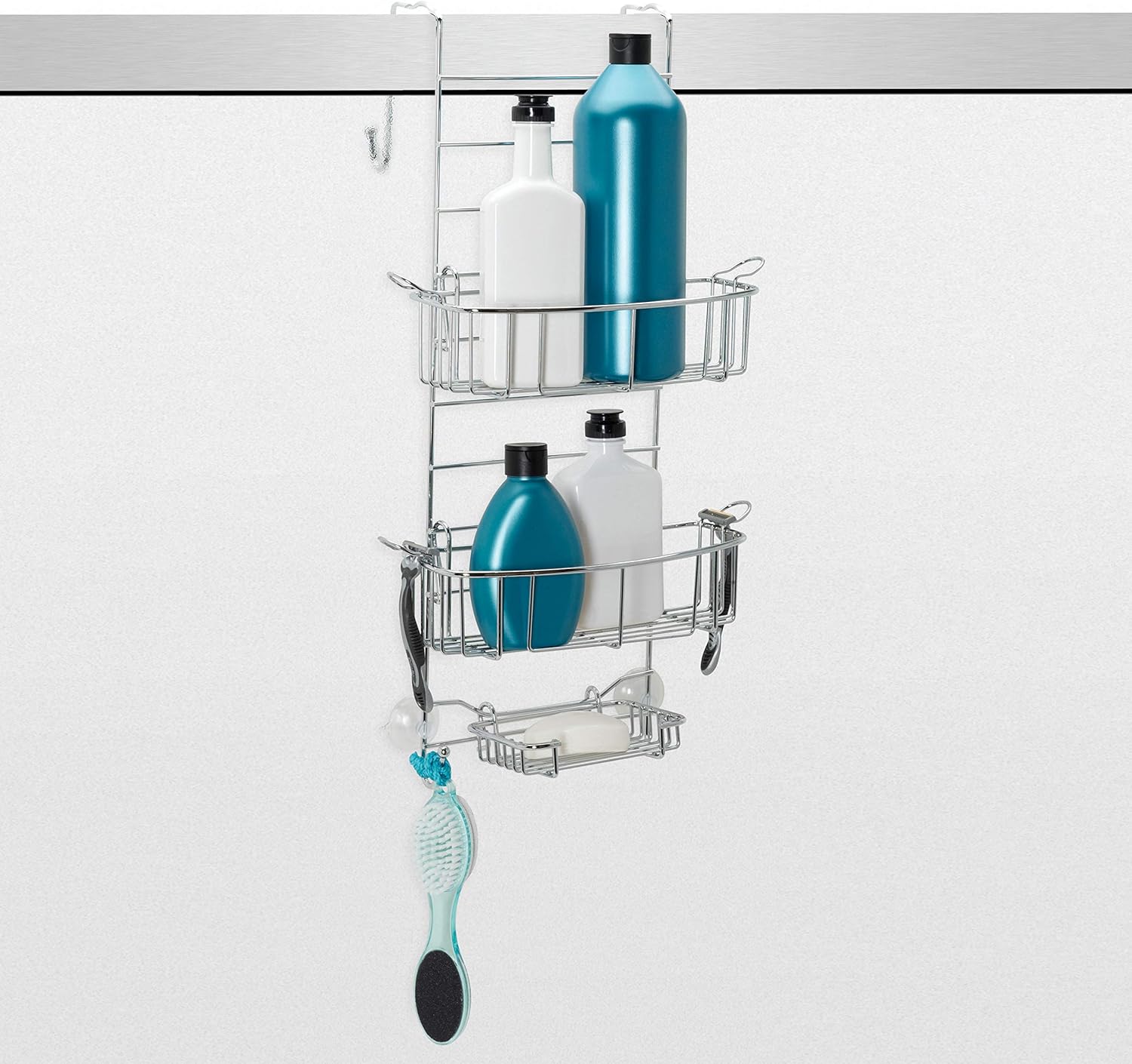 Zenna Home Rust-Resistant Over-The-Shower Door Caddy, Stainless Steel & NeverRust Rustproof Aluminum Shower Caddy, Satin Chrome