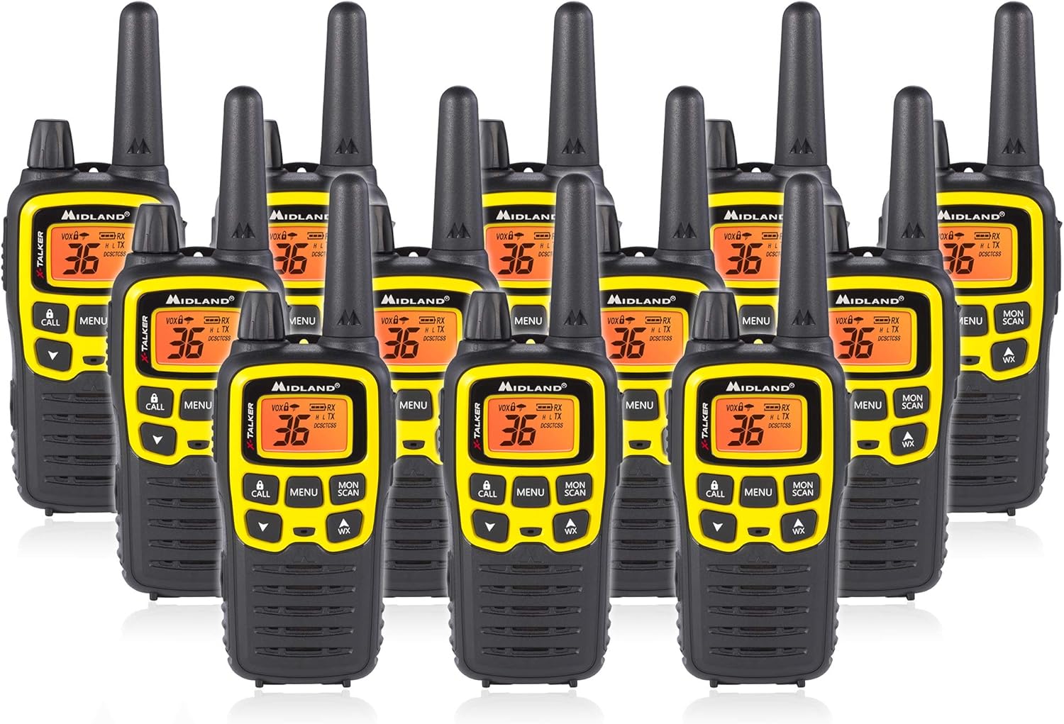 Midland X-TALKER 36 Channel FRS Two-Way Radio - Long Range Walkie Talkie, 121 Privacy Codes, & NOAA Weather Scan + Alert (Black/Yellow, 2-Pack)