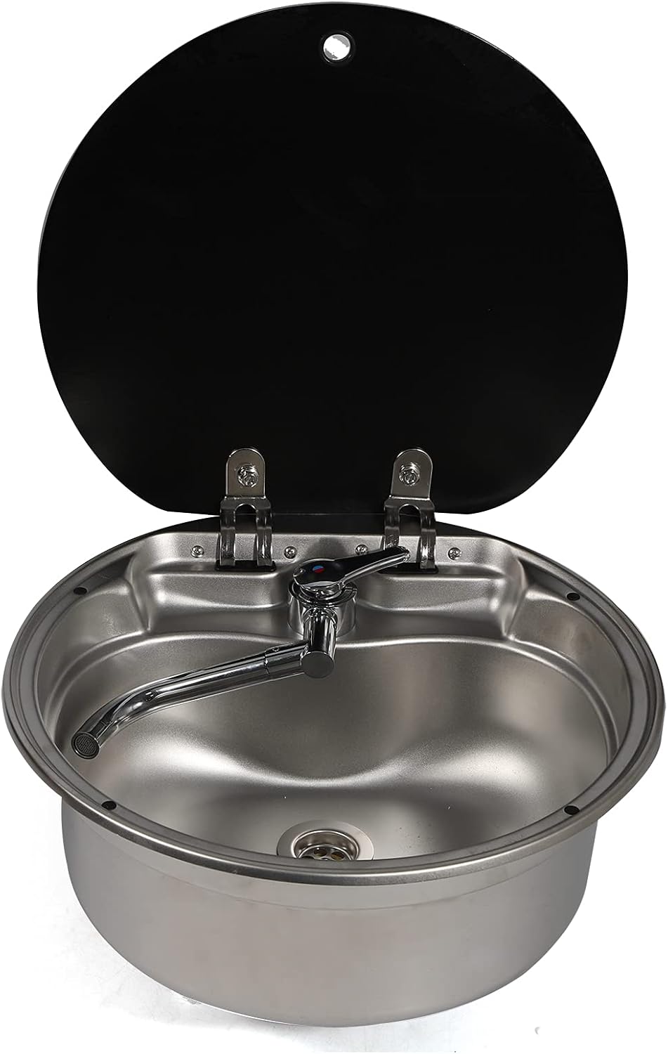 TBVECHI RV Caravan Basin Sink, Stainless Steel Single Bowl Camper Kitchen Basin Sink Hand Wash Basin with Cold Hot Faucet Space Saving Design Convenient Glass Lid Rubber Seals Easy to Install