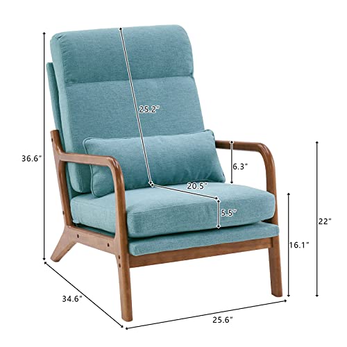 Bonnlo High Back Linen Beige Mid Century Modern Accent Chair, Soild Wood Padding Lounge Armchairs Side Sitting Chairs for Living Room, Bedroom, Guest Room