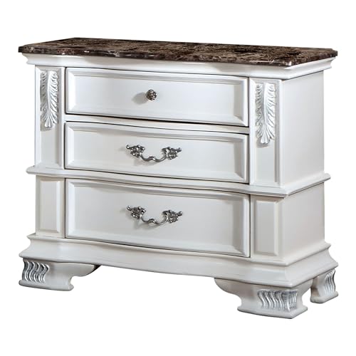 Furniture of America Clairibel Wood 5-Piece Bedroom Set, King-Size Bed with Button-Tufted Headboard, Marble Top Nightstand and Dresser & Dovetail Drawers, Box Spring Required, Pearl White