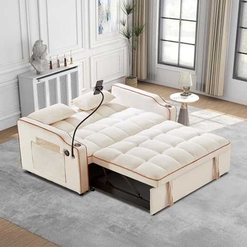 Convertible Sleeper Sofa Bed, 3 in 1 Velvet Pull Out Loveseat Couch Modern Comfy Futon Sofa with Adjustable Backrest & Phone Holder & USB Charging Space Saving for Living Room, Small Apartment, Grey