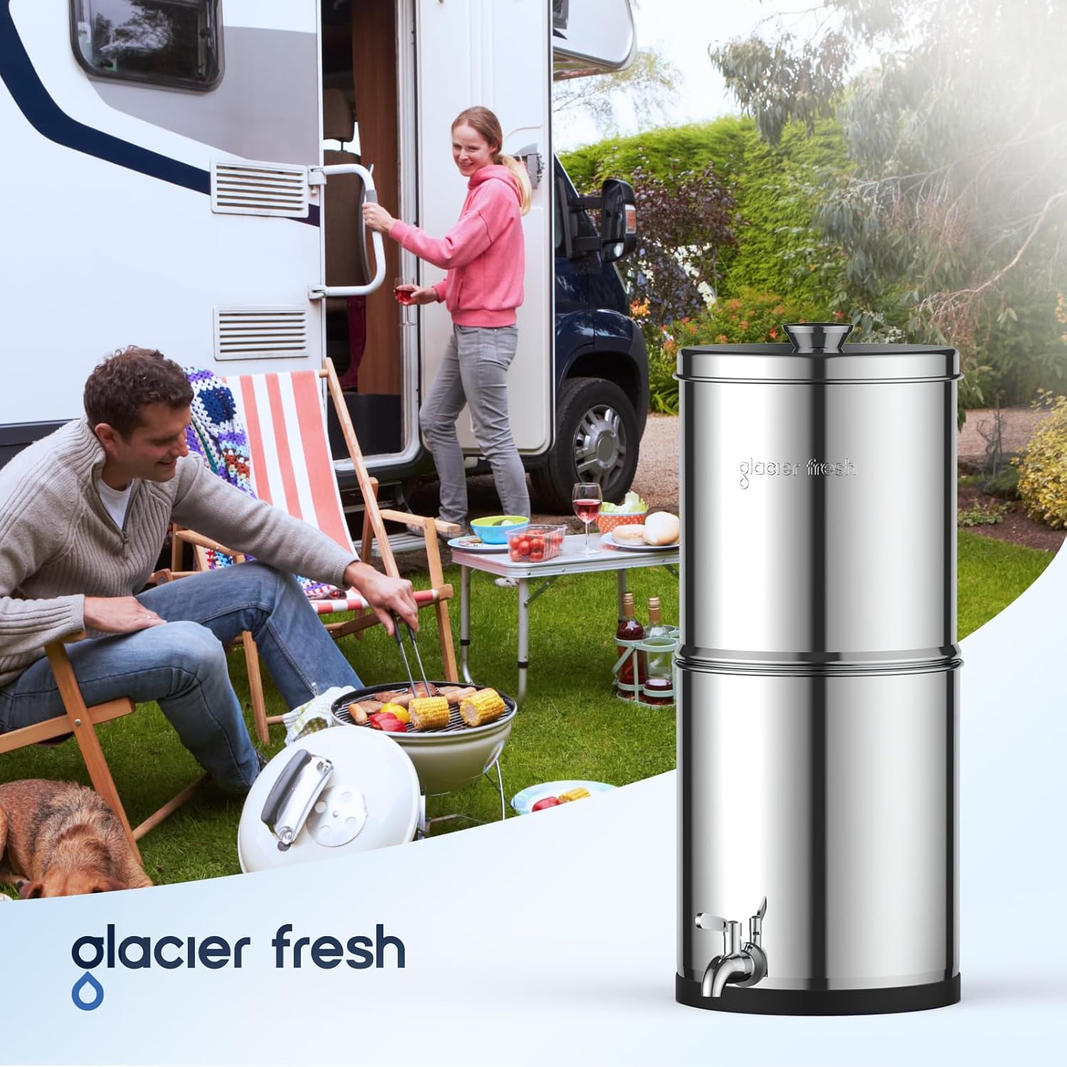 GLACIER FRESH 2.25G Gravity Water Filter System, Chlorine and Lead Reduction, for Home, Camping, RVing, Off-Grid, Emergencies