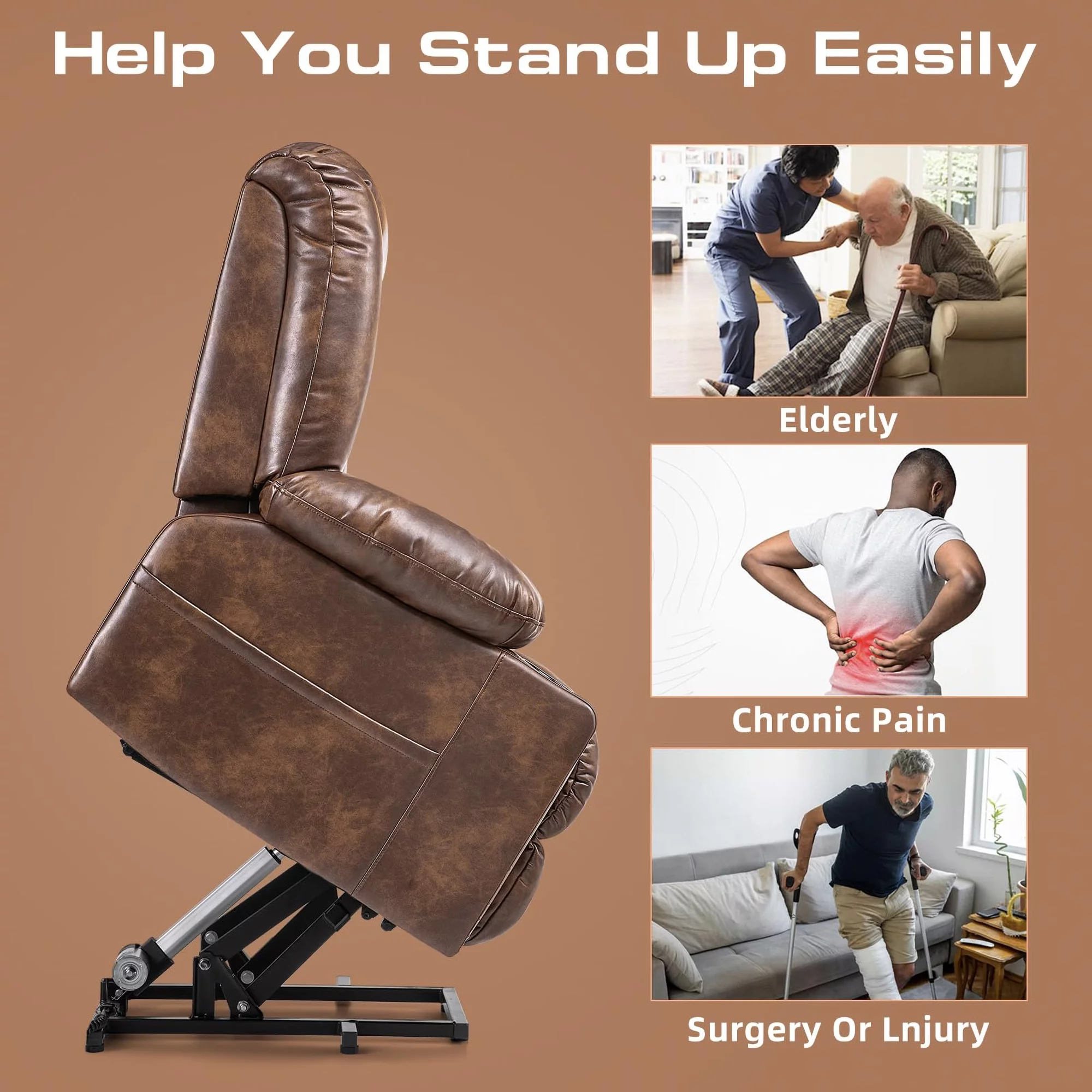 SONORO KATE Large Power Lift Recliner for Elderly with Massage and Heat, 41" Wide Breathable Leather Chair, Brown