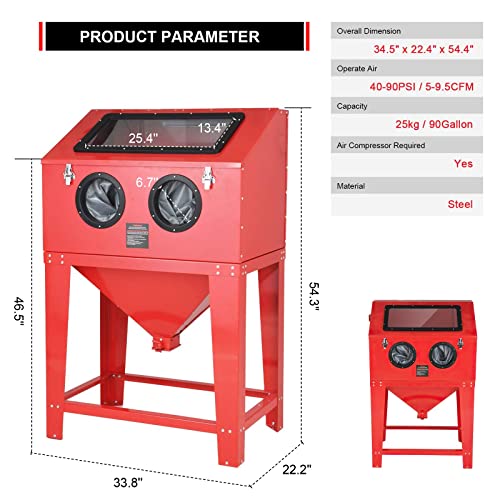 Top Abrasive Blast Cabinet 90 Gallon with Glass Viewing Windows for Rust Grime Paint Removing/Various Media Compatible Pressure Floor Sandblaster Cabinet