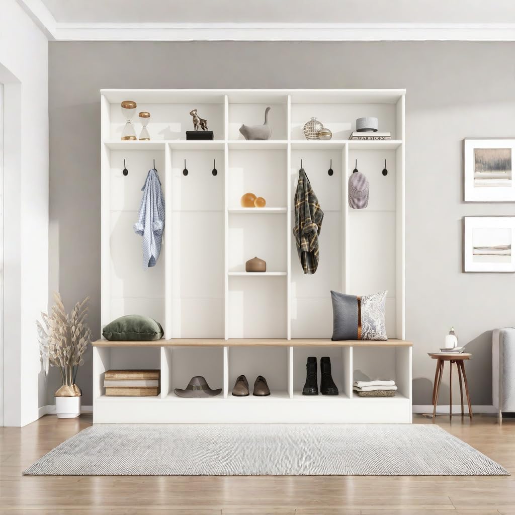 Multifunctional Coat Rack with 8 Hooks for Entryways, Wide Design Hall Tree with Storage Bench, Minimalist Shoe Cabinet with Cube Storage & Shelves, Mudroom, White