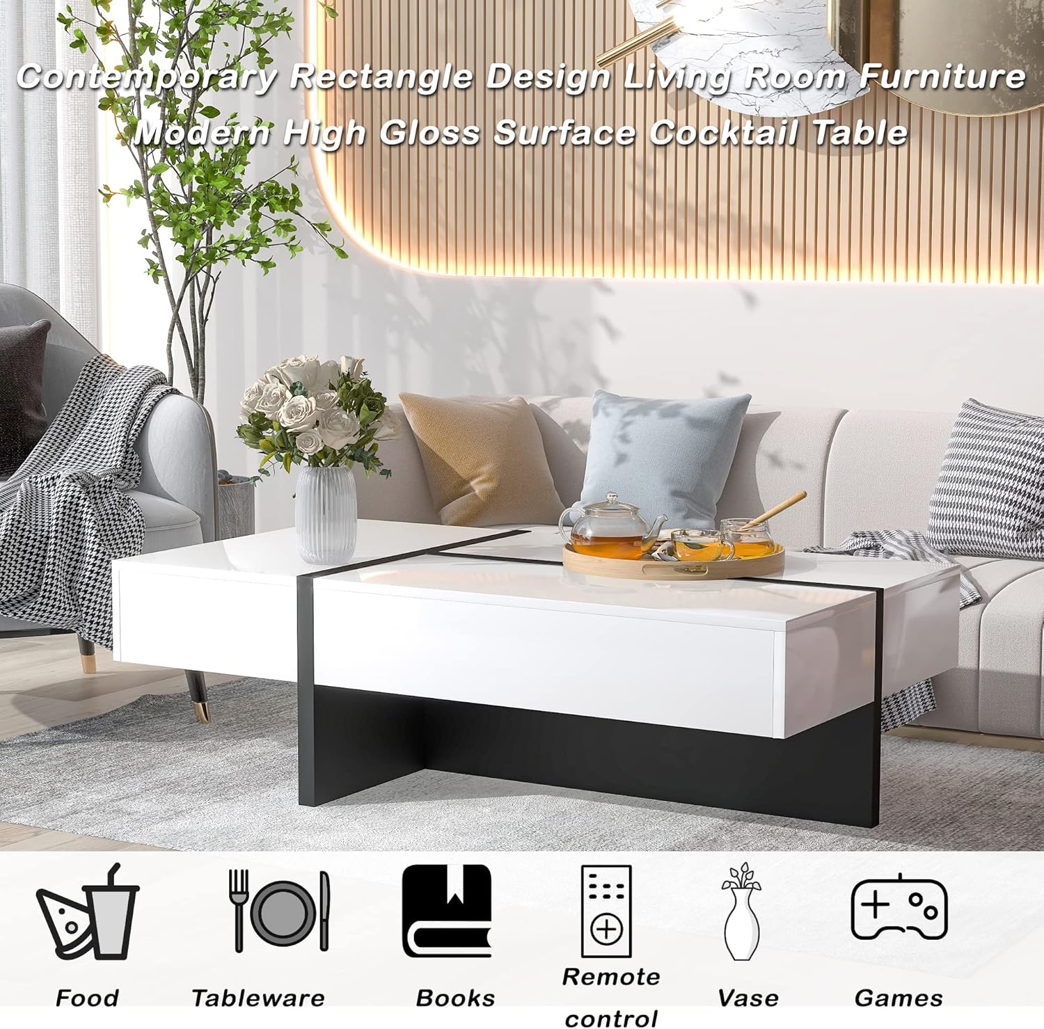 Merax Contemporary Rectangle Coffee Table, Modern High Gloss Surface, Living Room Furniture, White and Black