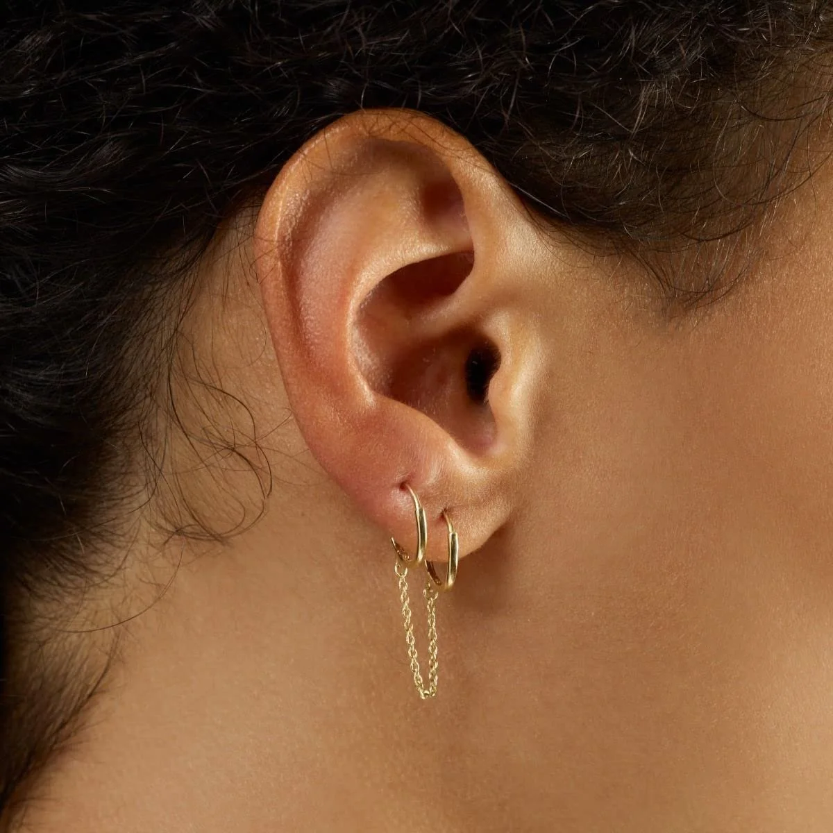 14K Yellow Gold Double Pierced Chain Huggie Earrings, Giorgio Bergamo
