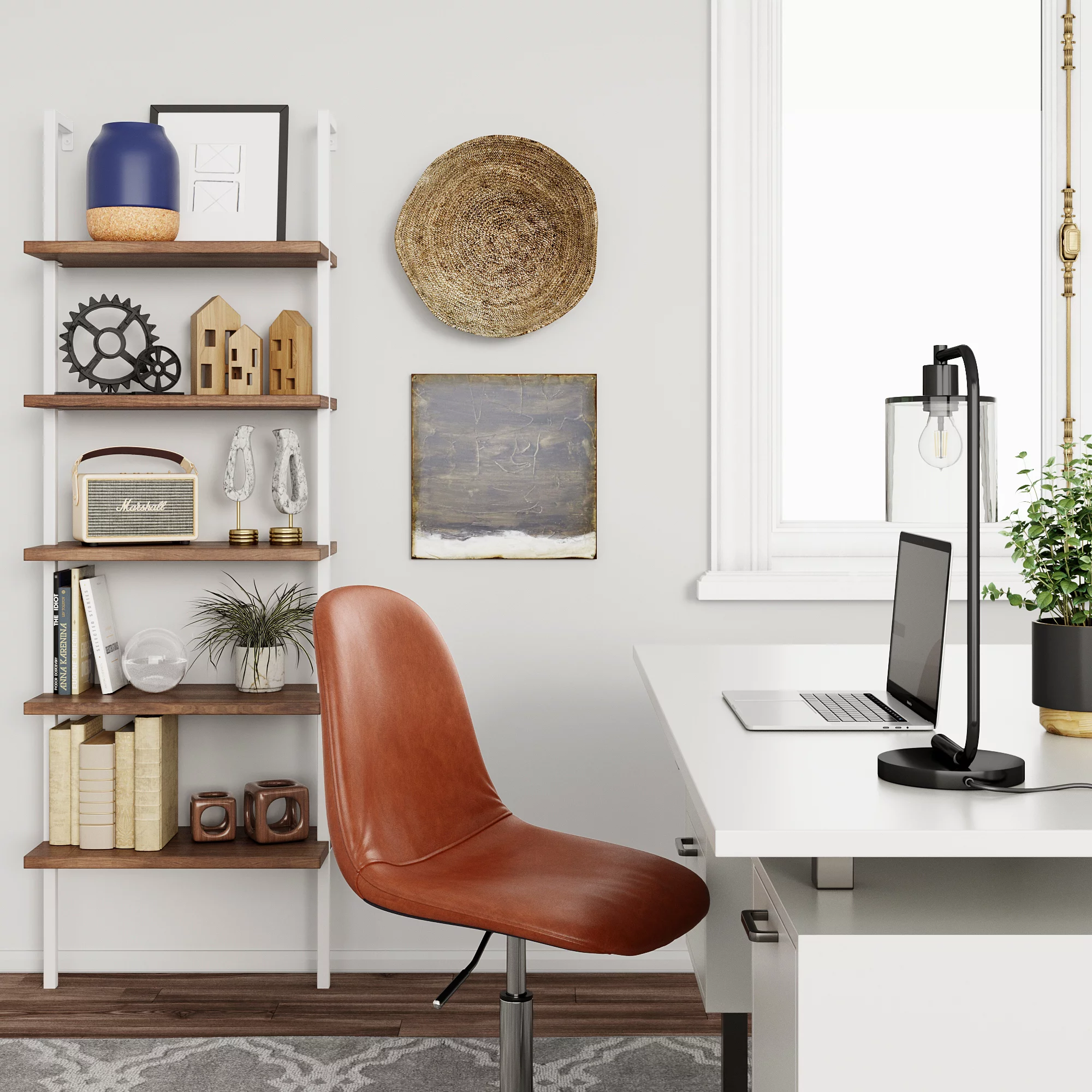 Nathan James Theo 5 - Shelf Ladder Bookcase Natural Light Brown Wooden Shelf and White Metal Frame