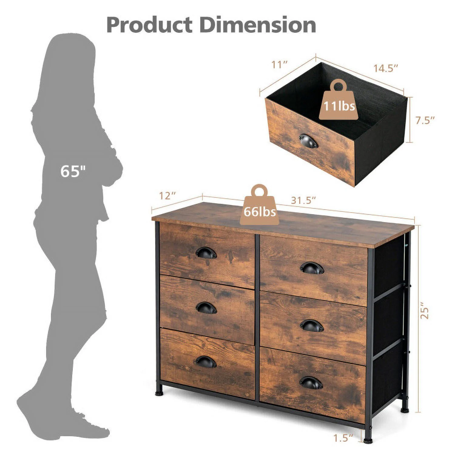 6 Drawer Dresser for Bedroom, Chests of Drawers, Fabric Vertical Dresser Storage Tower, Brown