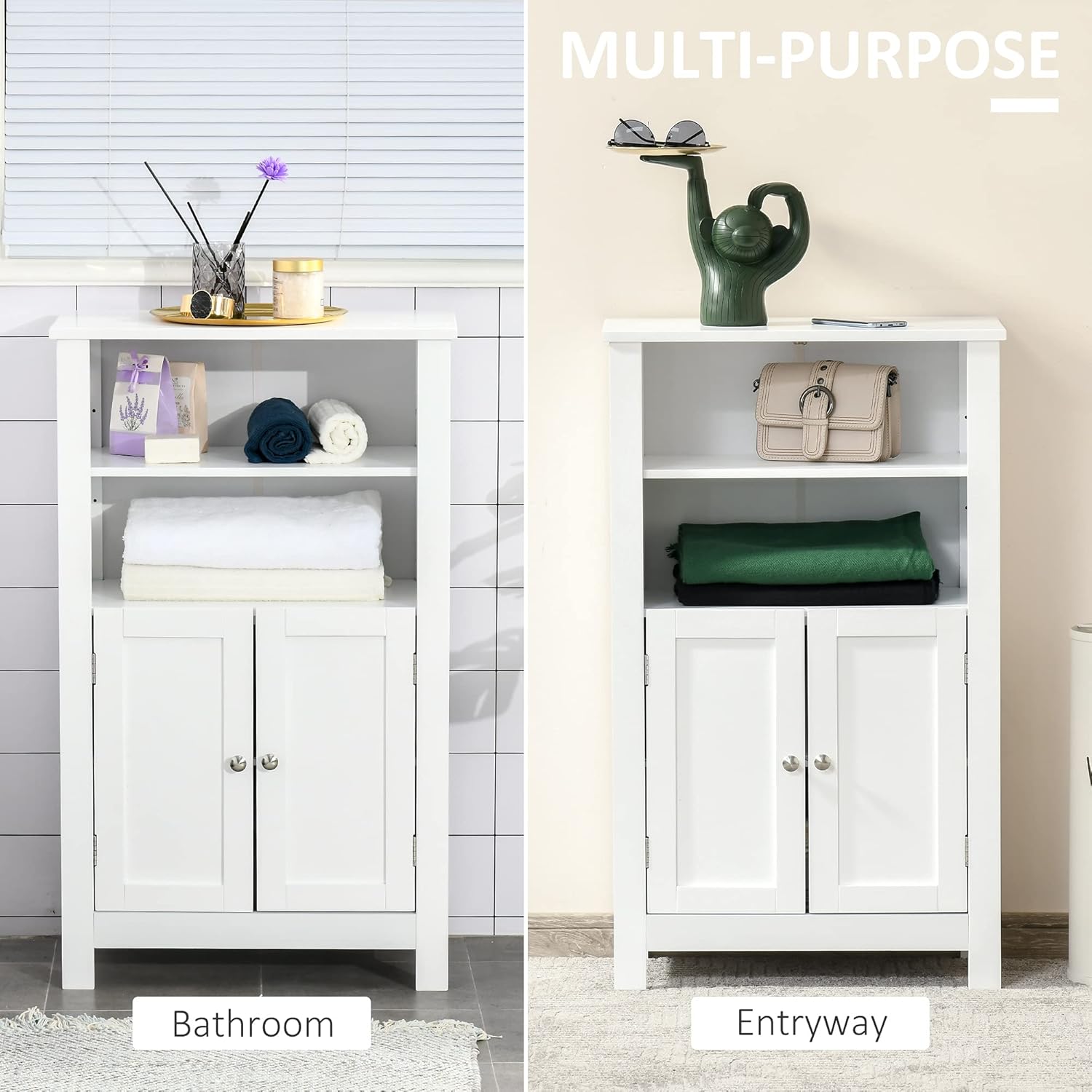 kleankin Bathroom Floor Storage Cabinet, Freestanding Linen Cabinet with Double Doors and 2 Adjustable Shelves, White