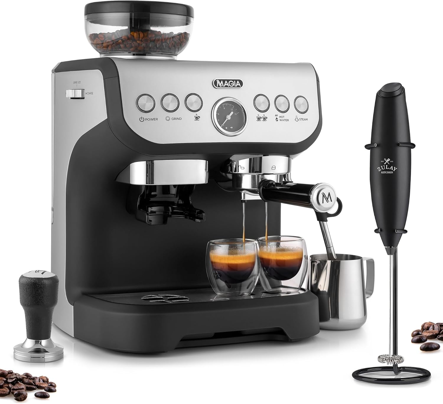 Zulay Kitchen Magia Manual Espresso Machine with Grinder and Extra Large 2L Removable Water Tank and Milk Frother with Stand