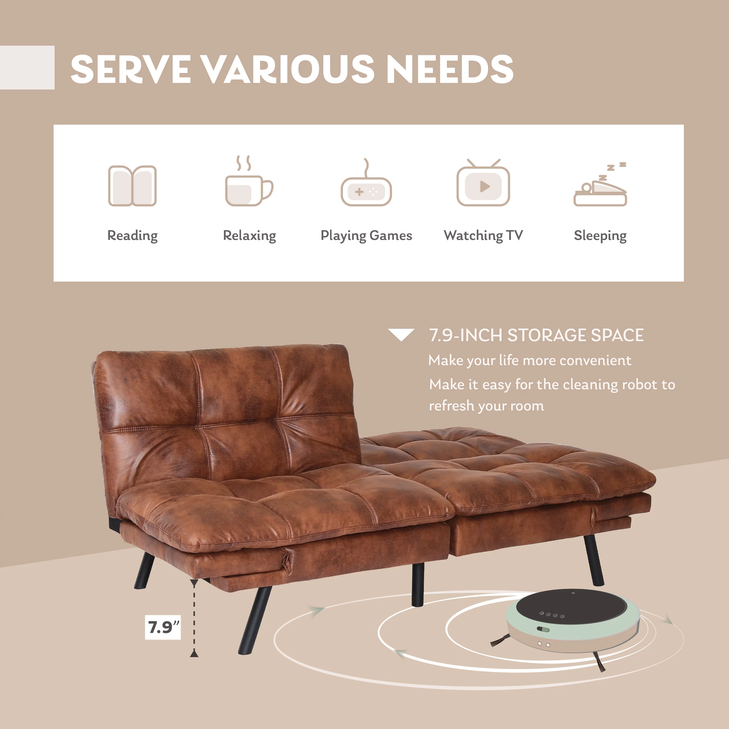 MLILY Convertible Futon Sofa Bed, Sleeper Sofa with Adjustable Armrest, Memory Foam Futon Couch, Brown
