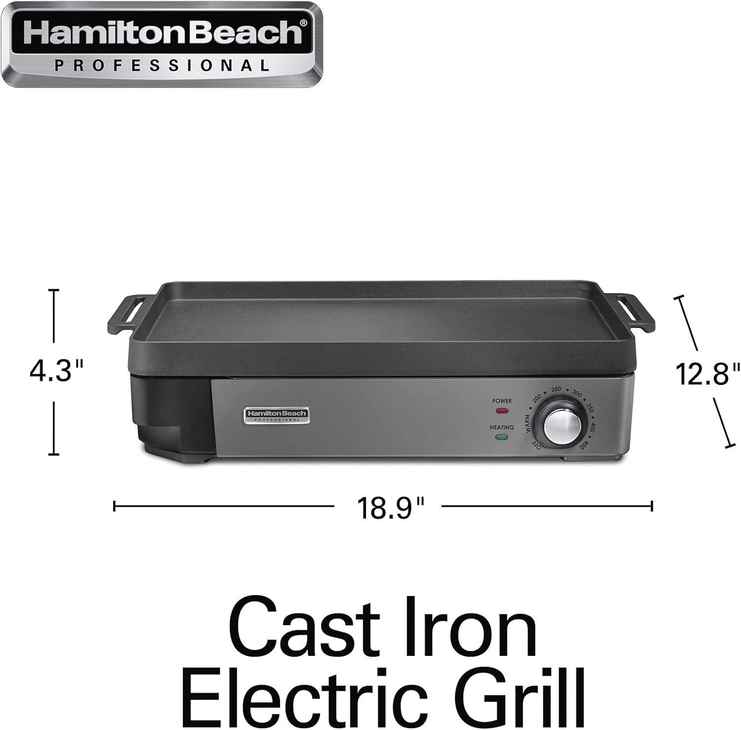 Hamilton Beach Professional Cast Iron Indoor Electric Grill & Griddle, 10" x 16" Preseasoned Cooking Surface, Adjustable Temperature up to 450° F, Black (38560)