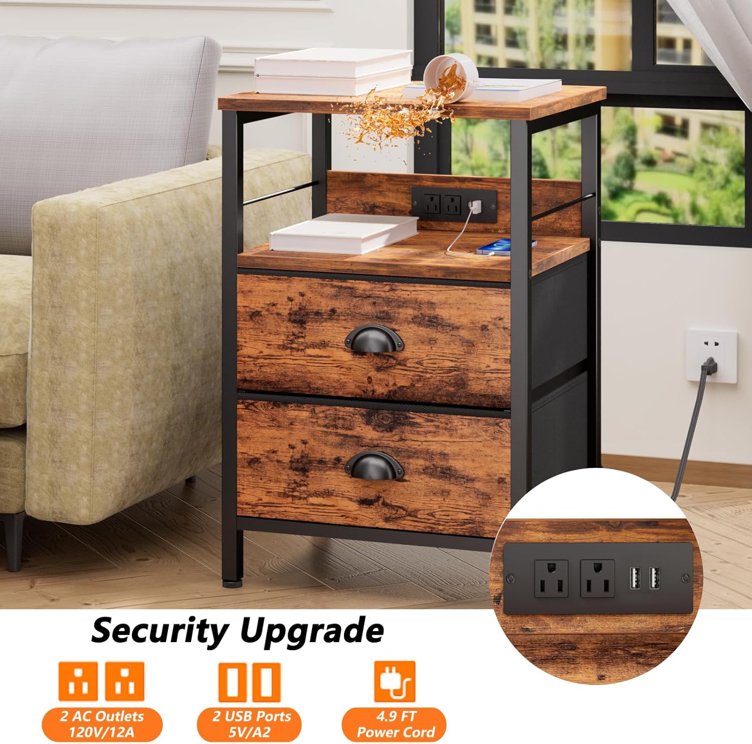 Furologee 66" L Shaped Computer Desk and Nightstand, Corner Gaming Desk with File Drawer and Dual Monitor Stand, End Table with Charging Station and Drawers, for Home/Office