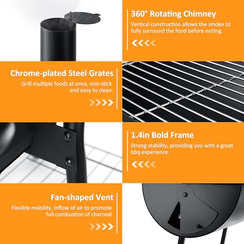 Charcoal Grill with Offset Smoker, Leonyo 13 Pcs Outdoor Charcoal Grill with Smoker, 445 Sq.in Barrel BBQ Grill with Cover & Chimney Starter, Barbecue Camping Charcoal Grills for Outdoor Backyard