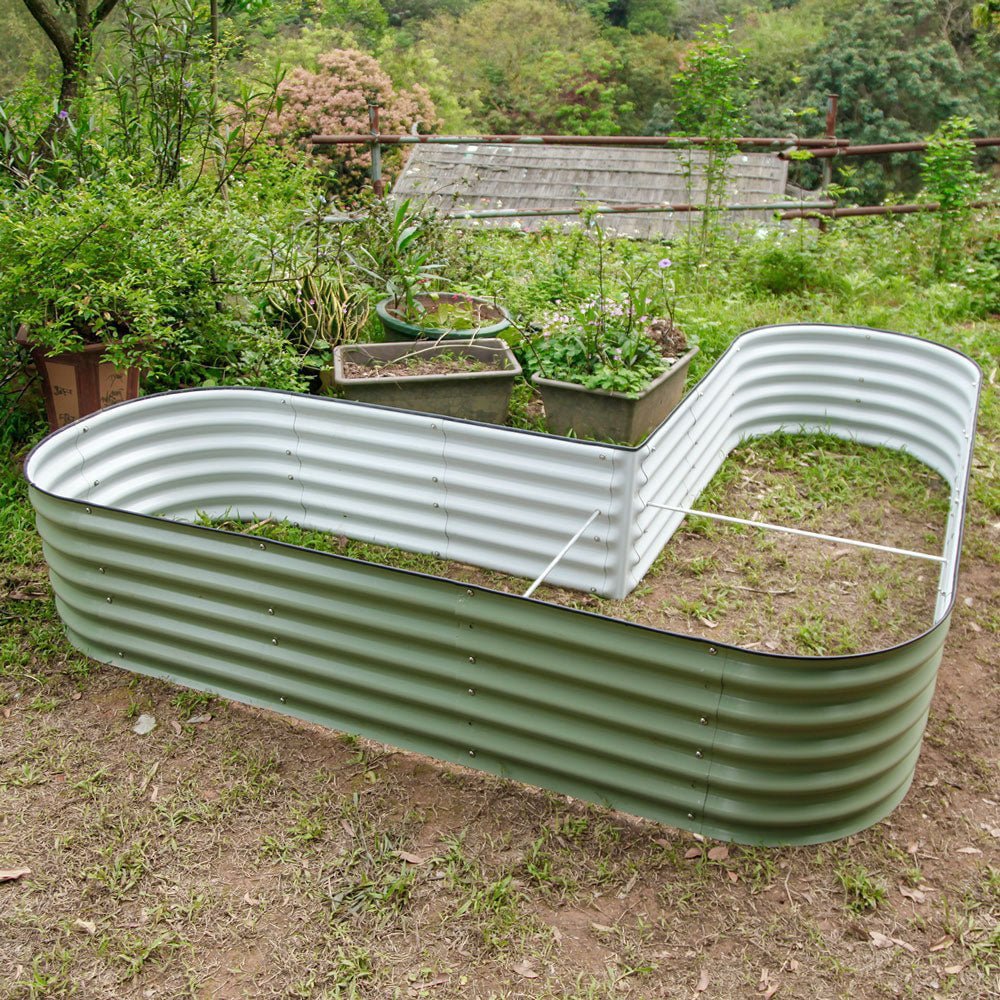 VEGEGA 17" Tall L-Shaped Modular Corrugated Metal Raised Garden Beds Large Size - Green