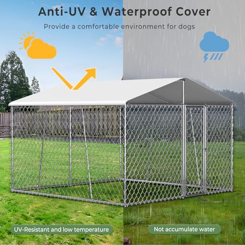 Upgraded 10×10×7FT Outdoor Dog Kennel with Roof, Large Dog House Pen Enclosure with Sidebar, Heavy Duty Chain Link Dog Kennel with Lock for Outside Backyard