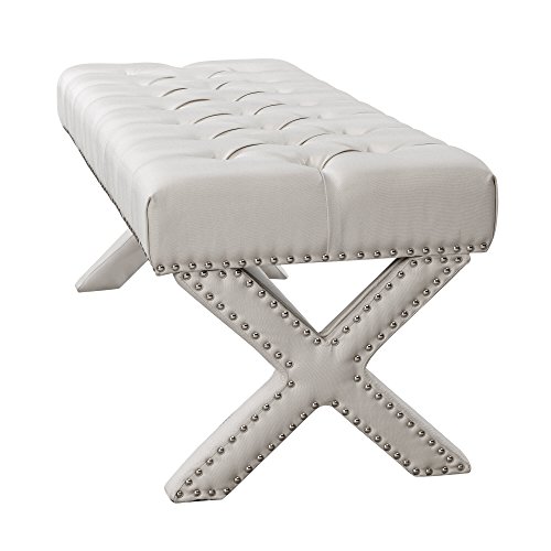 Inspired Home Dark Grey Velvet Bench – Design: Louis | Modern X-legs | Tufted | Contemporary | Nailhead Trim Finish