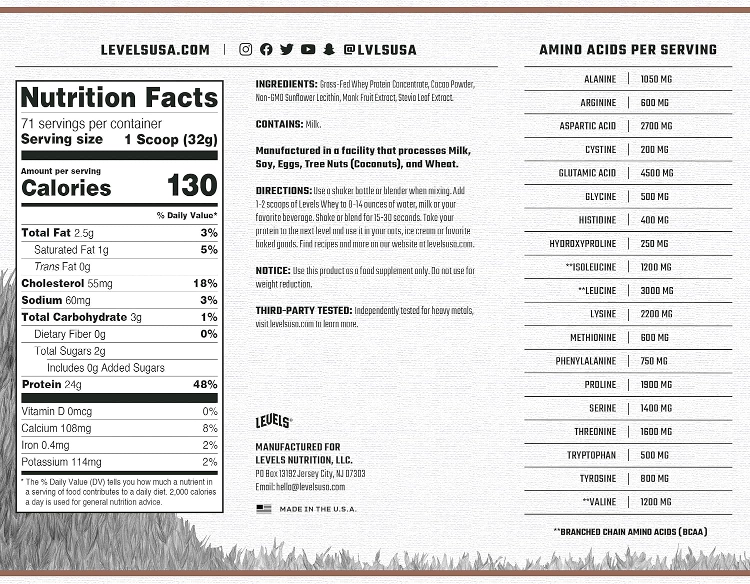 Levels Grass Fed 100% Whey Protein, No GMOs, Pure Chocolate, 5LB Pack of 2