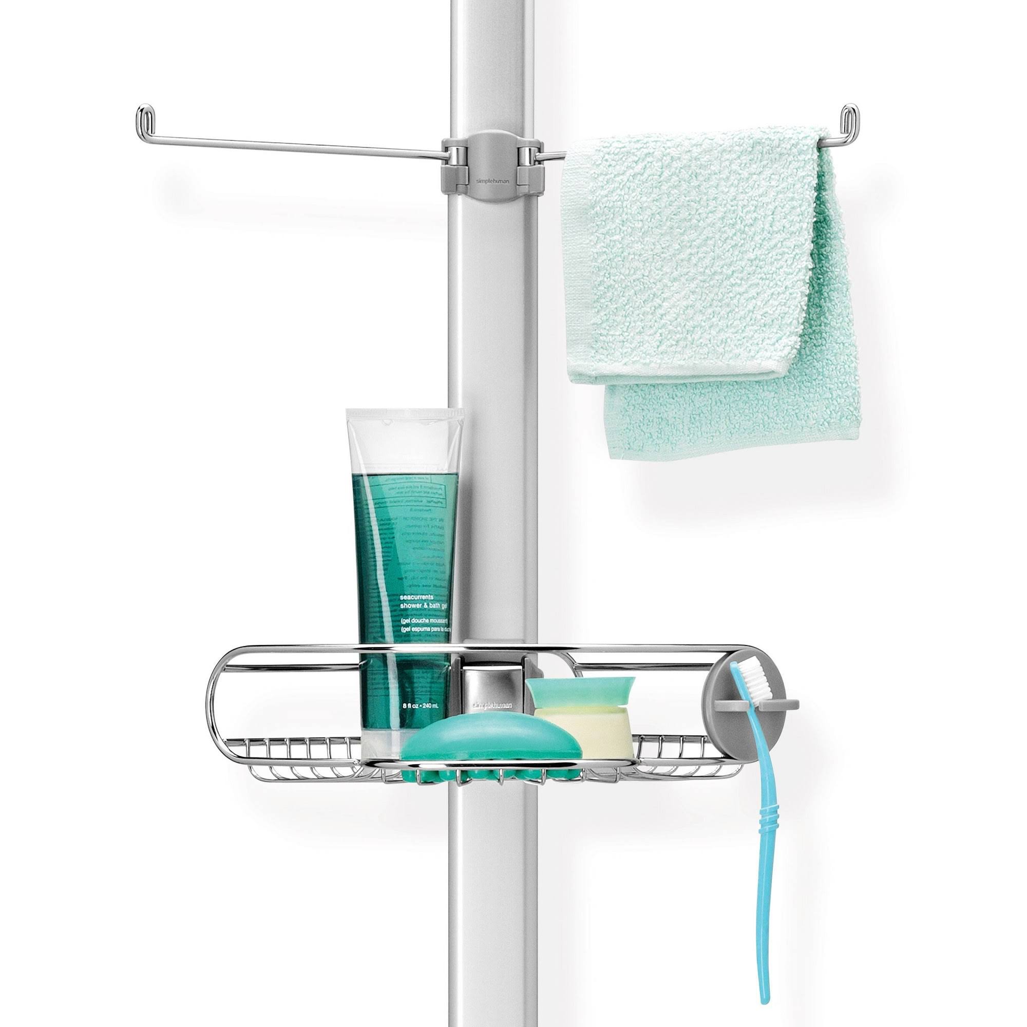 simplehuman 9 ft. Stainless Steel and Anodized Aluminum Tension Pole Shower Caddy, Silver