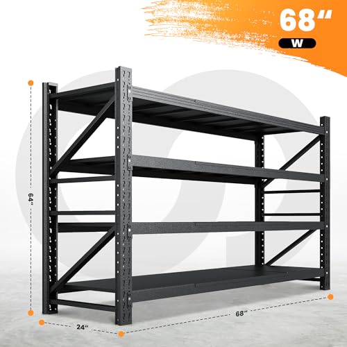 71” W Storage Shelves Heavy Duty, 5000LBS Metal Garage Shelving Units, 4 Tier Storage rack shelf, Steel Industrial Shelving , Adjustable Standing Shelf for Basement/Warehouse 71"W x 24"D x 70"H, Black