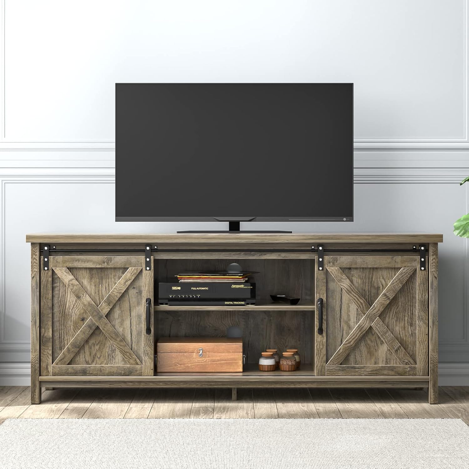 AUXSOUL Farmhouse TV Stand for 65 Inch Flat Screen - Wooden Entertainment Center with 2 Sliding Barn Doors - Storage Cabinet TV Console for Living Room (Brown)