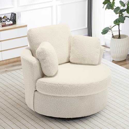 Chair and A Half with Ottoman, 360° Swivel Accent Barrel Chair Modern Comfy Round Reading Sofa Swivel Chairs Circle Lounge Chair for Bedroom Living Room w/4 Pillow Lower Seating Heigh (White, Large)