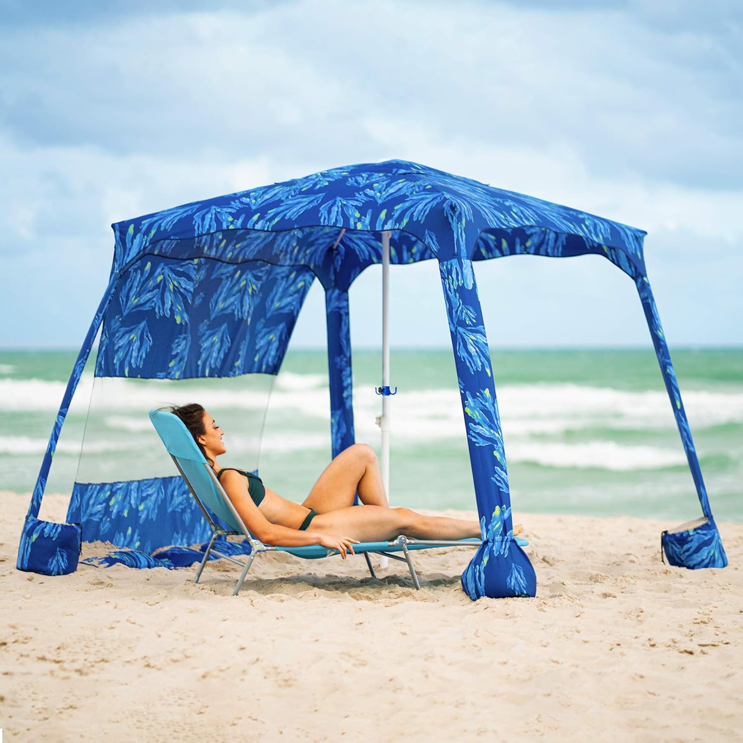AMMSUN Beach Cabana，6' × 6' Beach Umbrella or Canopy，Easy Set up and Take Down Large Shade Area Outdoor Sun Umrella with Sand Pockets, Instant Sun Shelter with Privacy Sunwall - Sky Blue