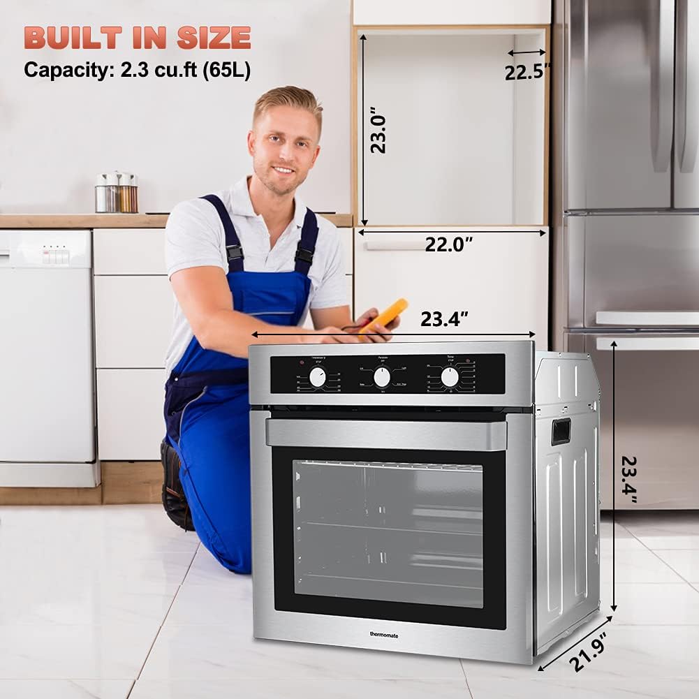 24 Single Wall Oven, thermomate 2.3 Cu.ft. Built-in Electric Wall Oven with 5 Cooking Functions, 2000W Electric Ovens with Stainless Steel Finish, Mechanical Knobs Control, ETL Certified