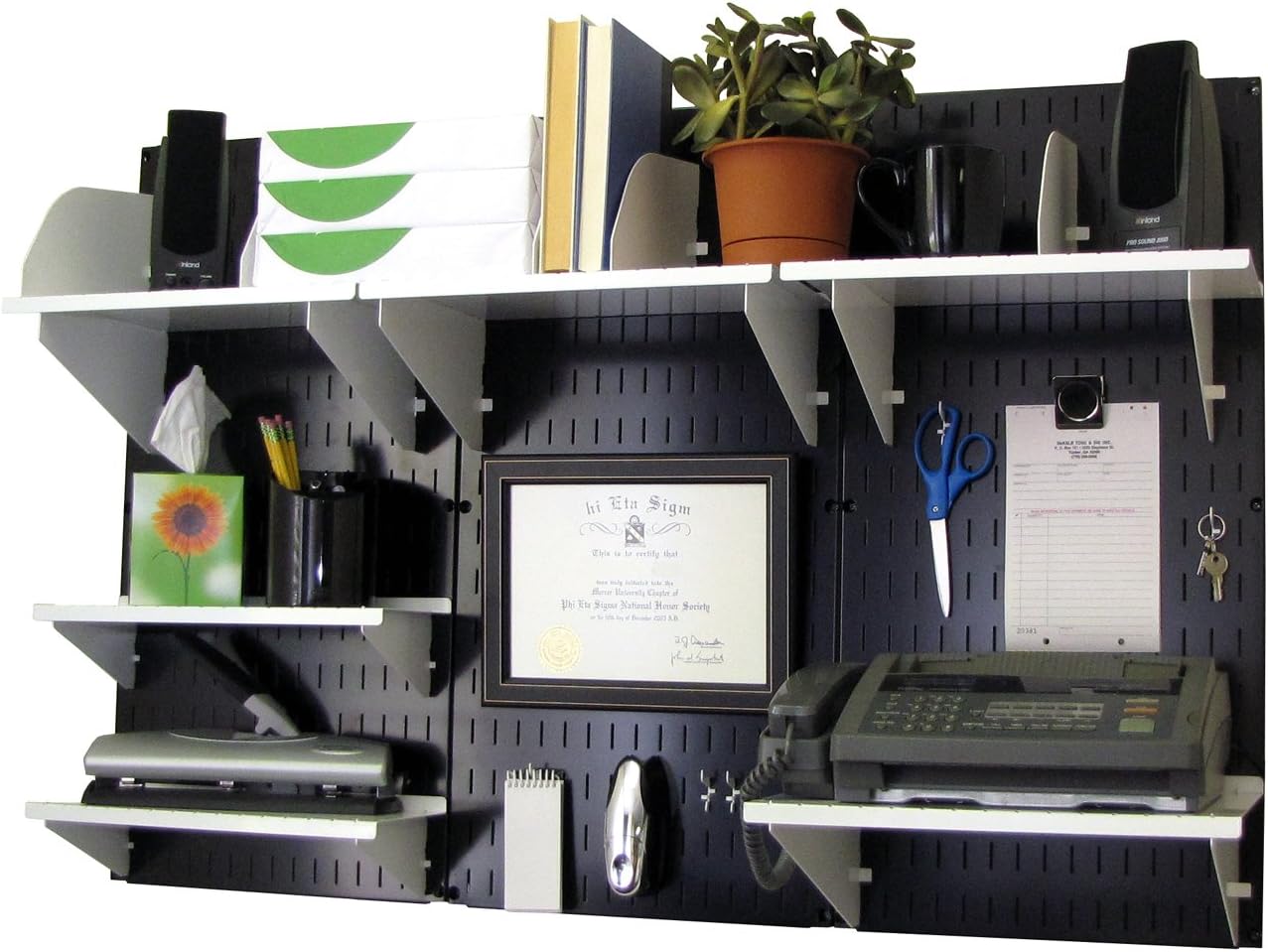 Wall Control Office Organizer Unit Wall Mounted Office Desk Storage and Organization Kit Metallic Wall Panels and Black Accessories