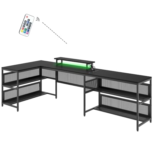 U Shaped Desk with Shelve & LED Lights, 82" Reversible L Shaped Desk with Drawers, 2 Person Corner Computer Desk Home Office Desk Gaming Table with Monitor Stand & Storage Shelves (Black + MDF)