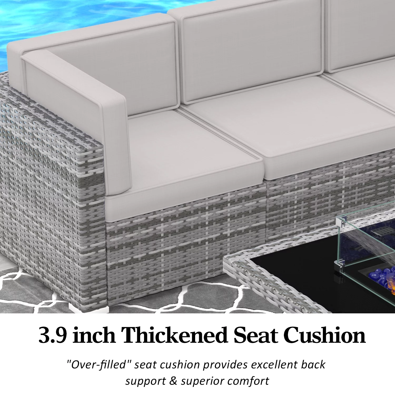 8 Piece Patio Furniture Set with 44" Propane Gas Fire Pit Table, Outdoor Sectional Conversation Set Wicker Rattan Sofa Set with Coffee Table