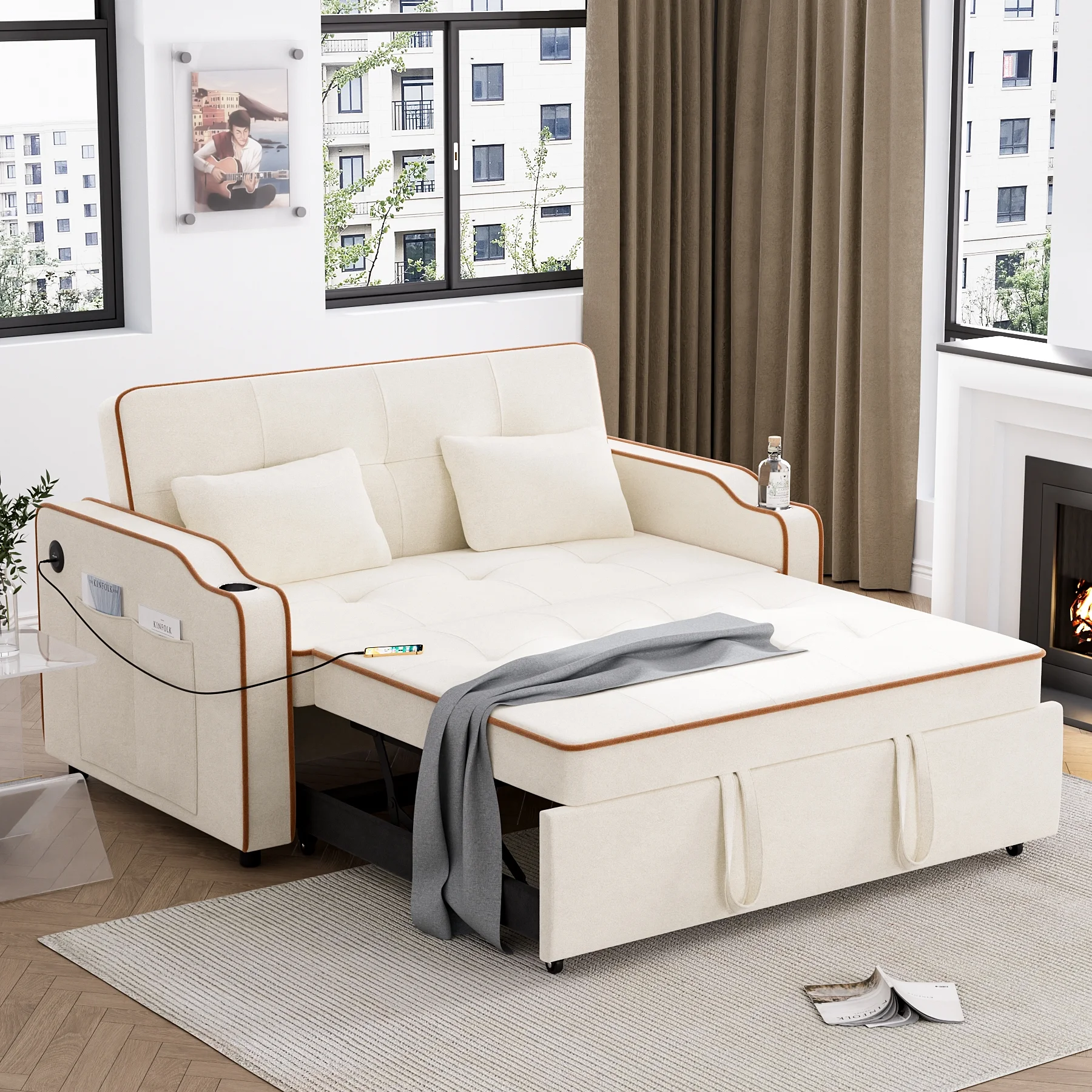 Rophefx 3 in 1 Convertible Sleeper Sofa Couch with Pullout Bed, Sherpa Loveseat Sofa with Storage and Pillows, Modern 2 Seater Futon Couch Bed for RV, Living Room, Bedroom and Small Space