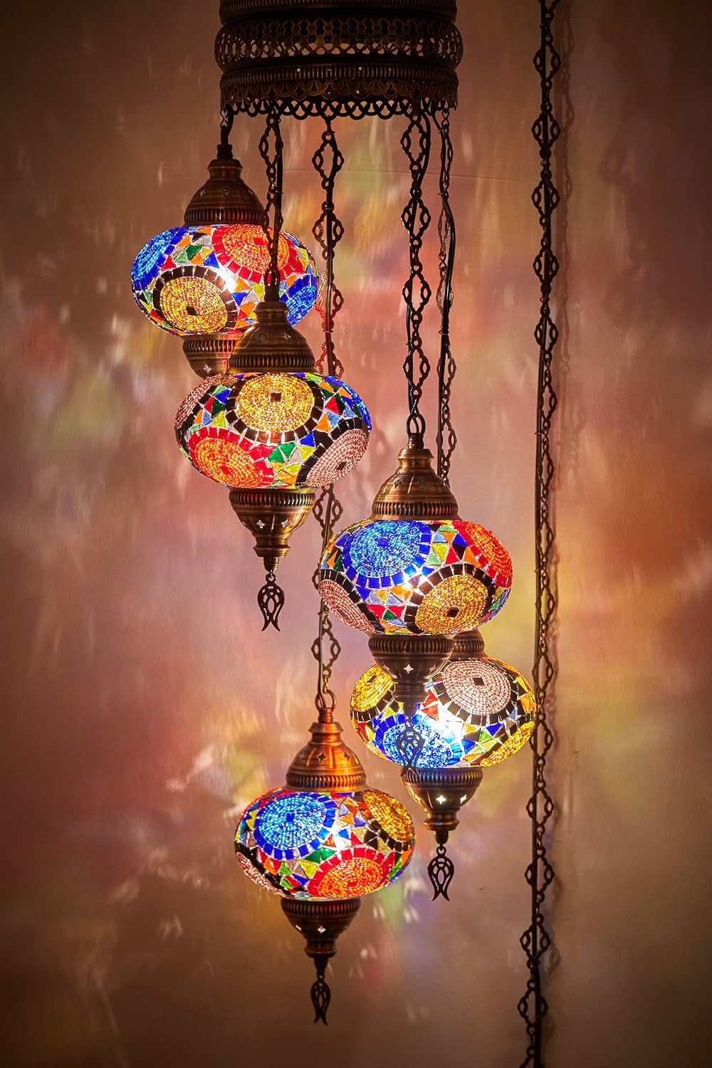 DEMMEX PLUGIN Turkish Moroccan Mosaic Chandelier Light, Ceiling Hanging Lamp Pendant Light Fixture with 15ft 4.5mt Cord Chain and Plug, Handmade, Customizable (5 Globes PLUGIN, 42"- 105cm Height)