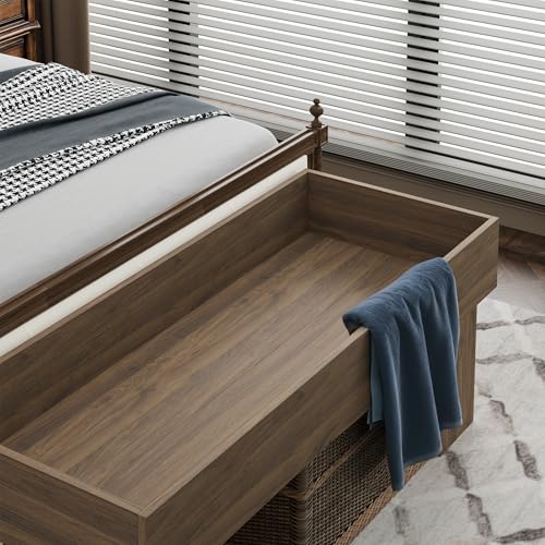 Modern Wooden Pet Bed with 2 Cushions and Led Light, Elevated Dog Bed for Small and Medium, Pet Furniture with Storage, Walnut