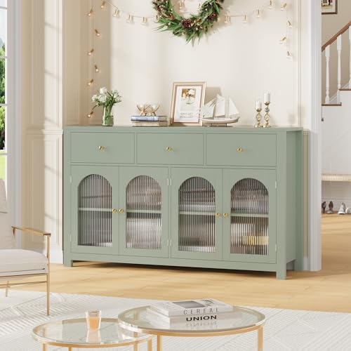 FINETONES Buffet Cabinet with Storage, 55.1" Large Sideboard Buffet Farmhouse Kitchen Cabinet with 3 Drawers and 4 Doors, Wood Coffee Bar for Kitchen, Black