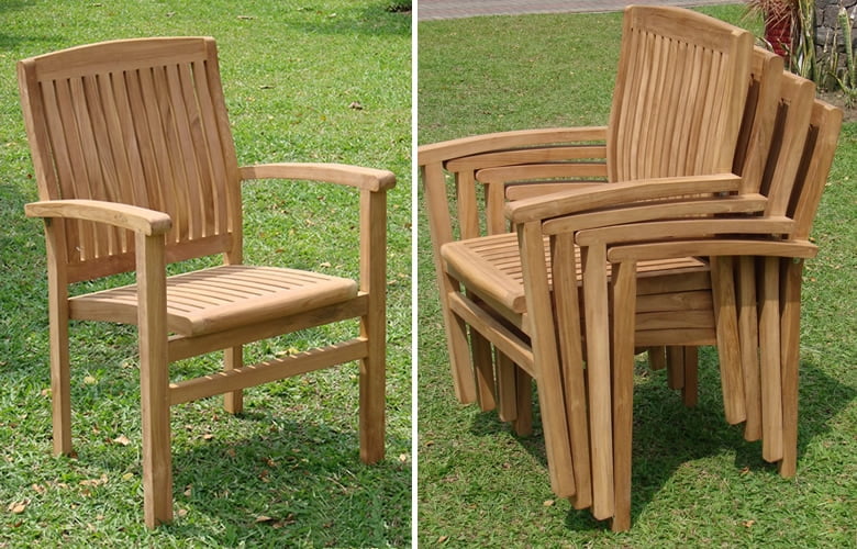 Teak Dining Set:6 Seater 7 Pc - 94" Double Extension Rectangle Table, 5 Wave Stacking Arm Chairs with 55" Backless Bench Outdoor Patio Grade-A Teak Wood WholesaleTeak #WMDSWV8