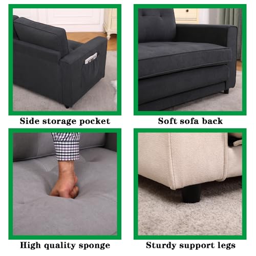 3 in 1 Upholstered Futon Sofa Convertible Floor Sofa bed, Foldable Tufted Loveseat with Pull Out Sleeper Couch Bed, Folding Mattres Love Seat Daybed W/Side Pockets for Living Room (Dark Grey)