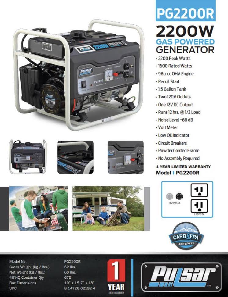 Pulsar 2200 Watt Portable Gasoline Generator PG2200