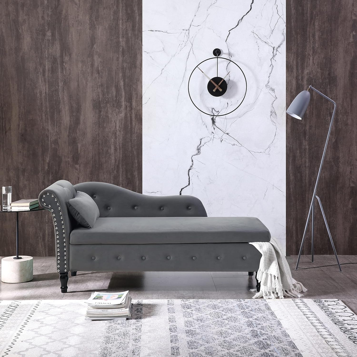 Bellemave Velvet Chaise Lounge Chair with Storage, Upholstered Sleeper Sofa Bed with 1 Pillow, Buttons Tufted Multifunctional Lounge Indoor, for Living Room Bedroom Office, Gray, Gray Velvet