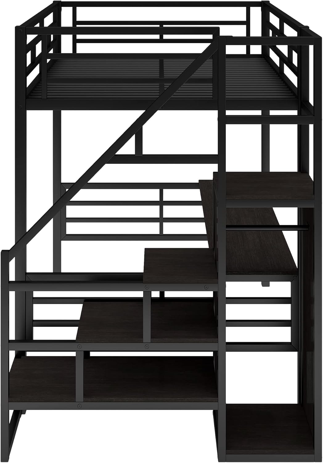 CITYLIGHT Full Loft Bed with Desk and Wardrobe,Metal Loft Bed Full Size with Storage Stairs and Guard Rail,Space Saving Loft Bed with Desk Underneath for Kids Teens,Black