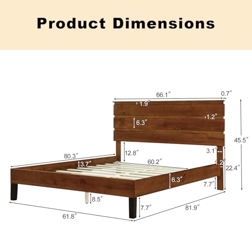 Mid-Century Modern Solid Wood Bed Frame Queen Size Platform Bed with Three-Piece Headboard Design, No Box Spring Needed, Brown