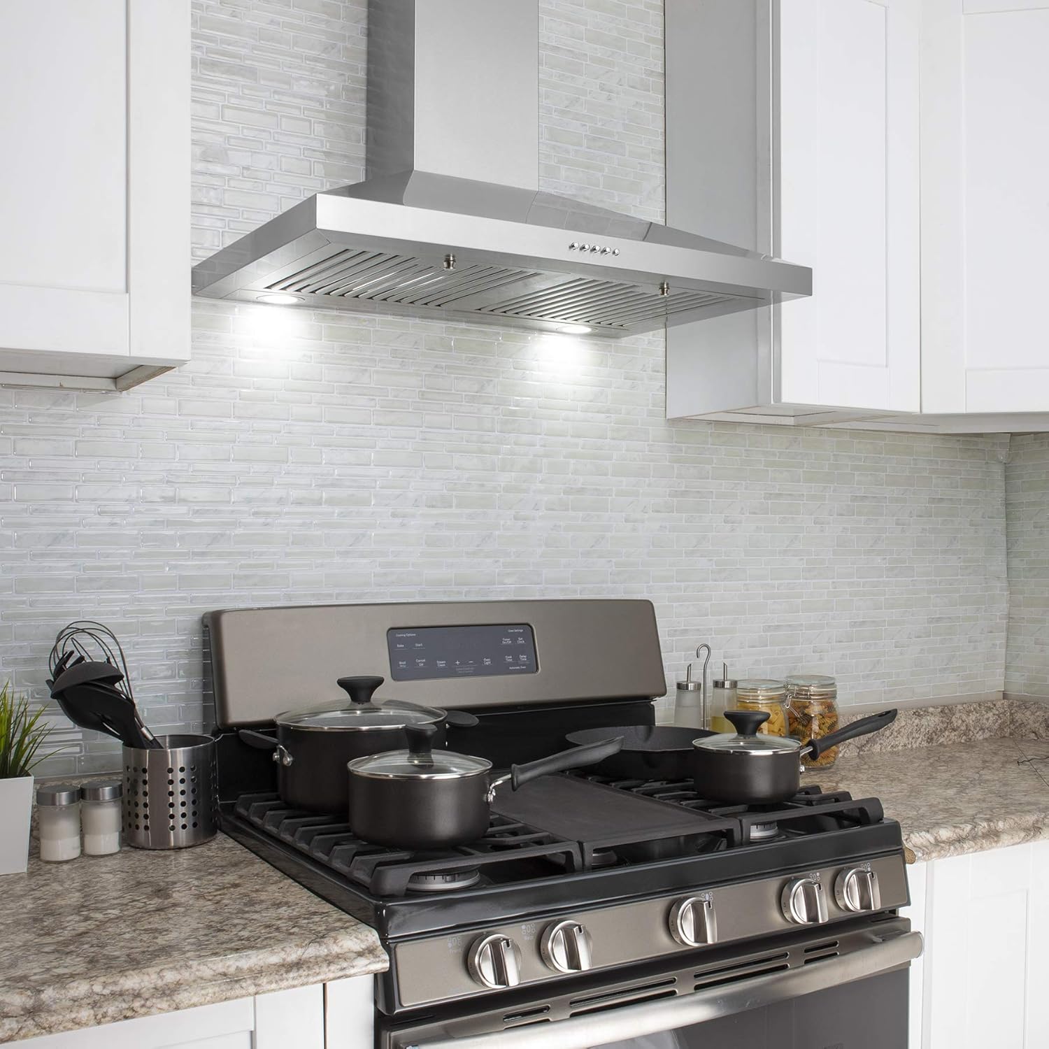 AKDY 30" Wall Mount Range Hood in Stainless Steel with LEDs, Push Control and Carbon Filters