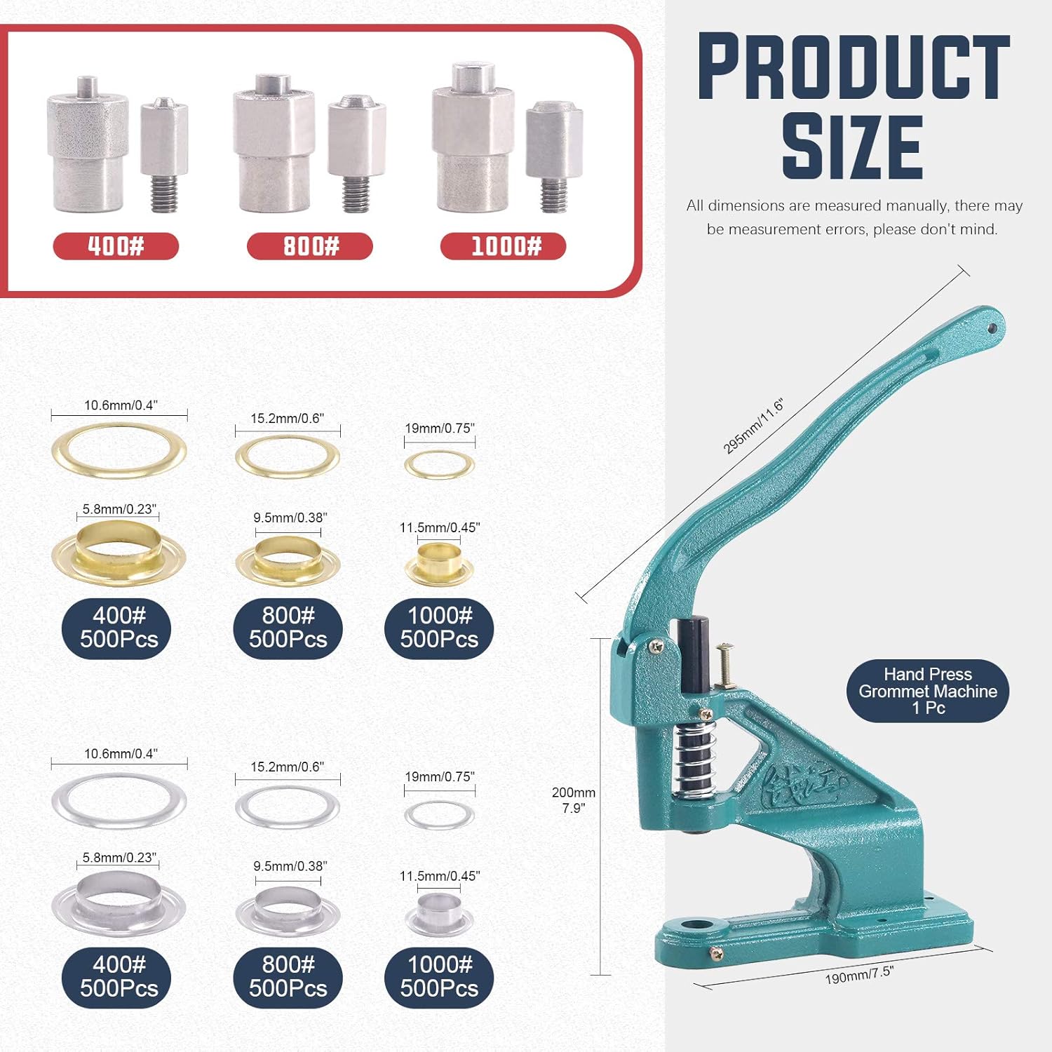 Hilitchi Heavy Duty Hand Press Grommet Eyelet Machine Punch Tool with 3 Dies #0#2#4 (1/4, 3/8, 1/2 Inch) and with 1500Pcs Golden and 1500Pcs Silver Grommets Eyelet Kit