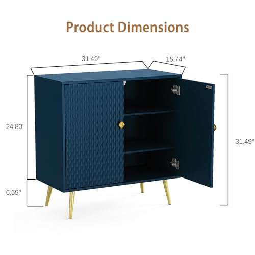 Buffet Cabinet with Storage, Blue Accent Cabinet with Carved Texture, Sideboard Buffet Cabinet with 2 Doors and Shelves, Modern Credenza Storage Cabinet for Living Room