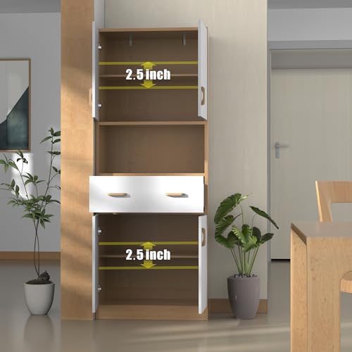 Oak and White Kitchen Pantry Cabinet, 70" Tall Kitchen Storage Cabinet with doors and drawer, Freestanding Wooden Storage Cabinet for Kitchen, Dining Room