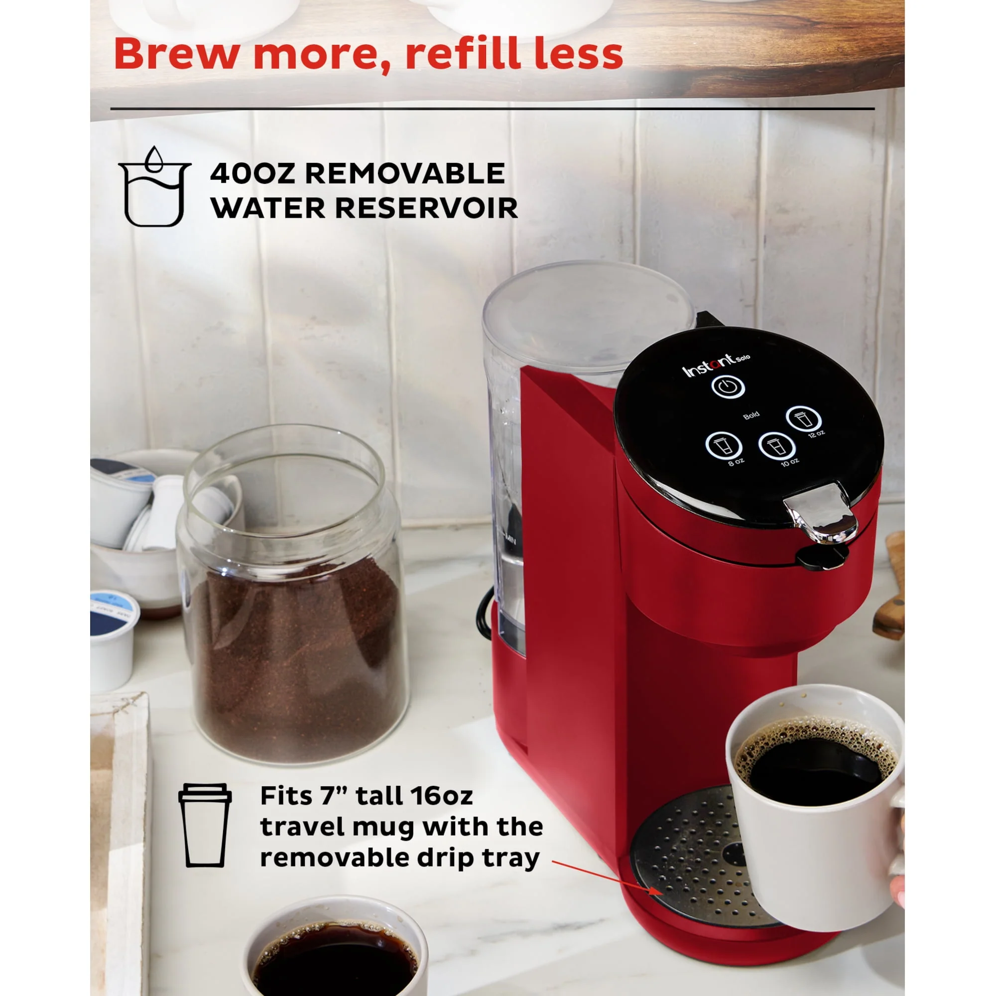 Instant Solo 2-in-1 Single Serve Coffee Maker for Ground Coffee or K-Cup Pods with 3 Brew Sizes, Maroon Red