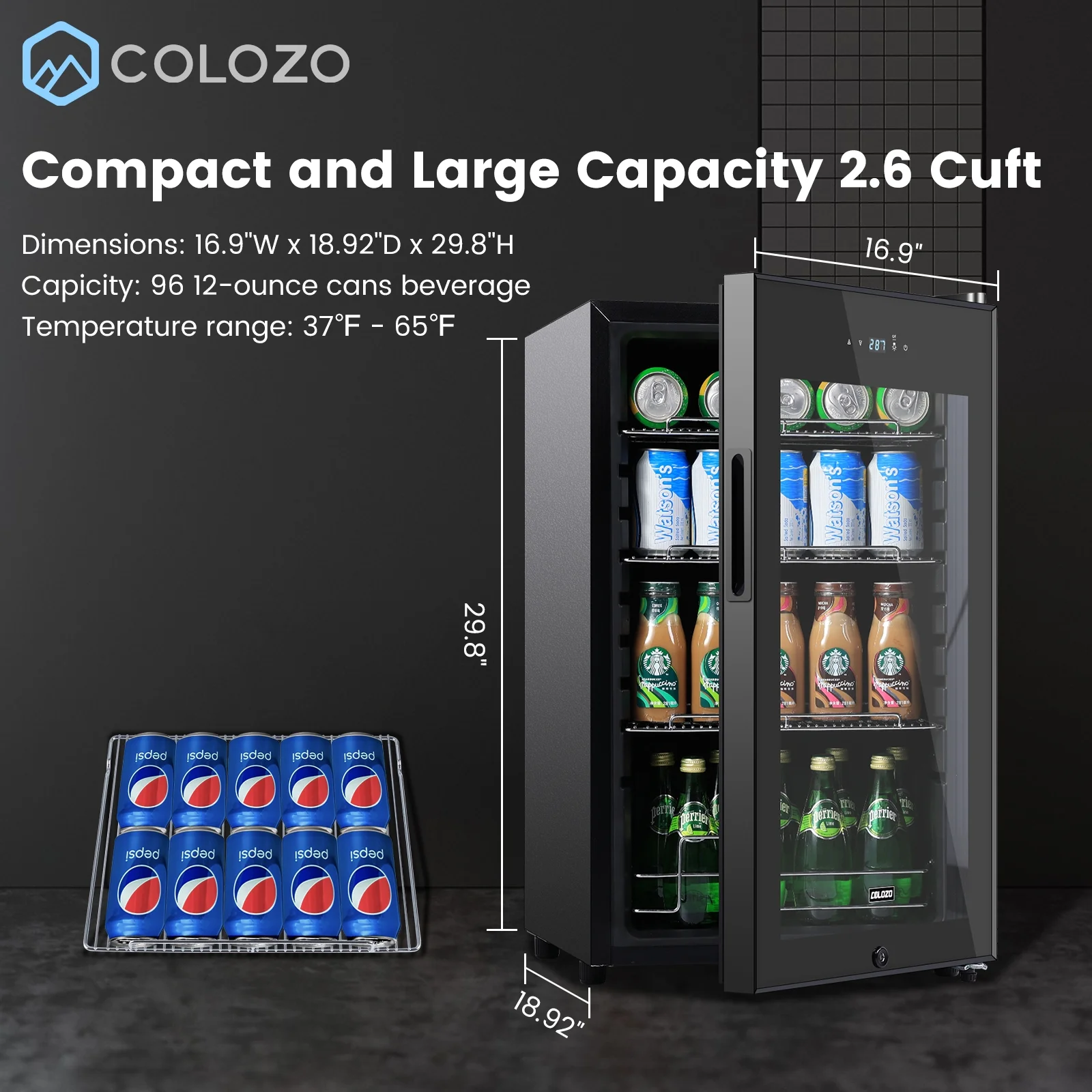 COLOZO Black Beverage Refrigerator Cooler, 96 Cans Freestanding Mini Fridge with Glass Door
